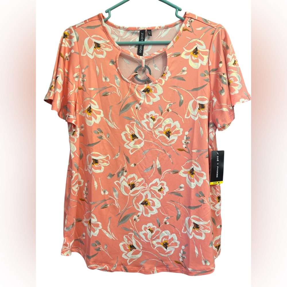 Zoe + Phoebe Floral Pink and Gold Metallic Top